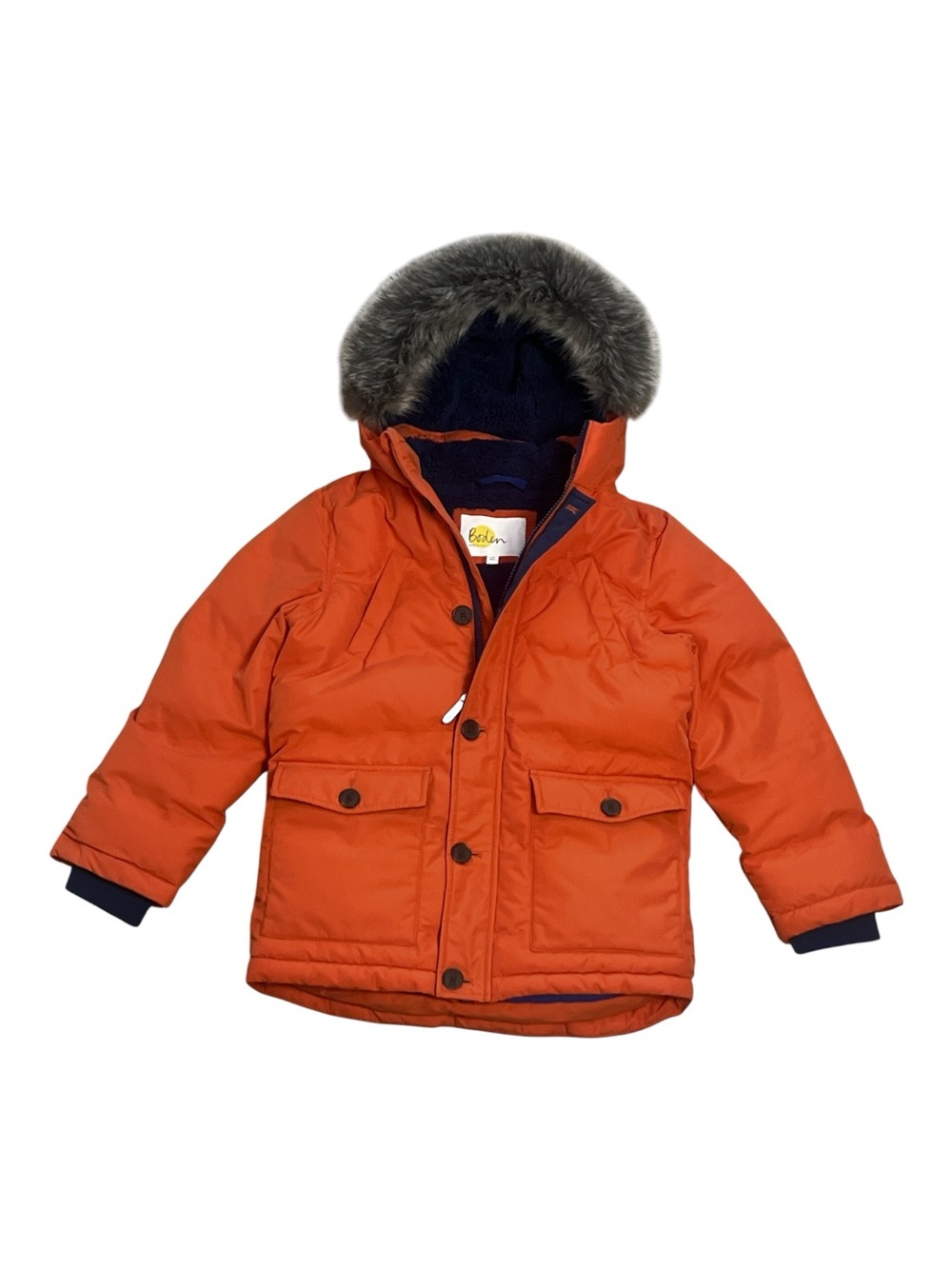 Boden Kids Orange Winter puffer Coat 7-8Y Faux Fur Hood